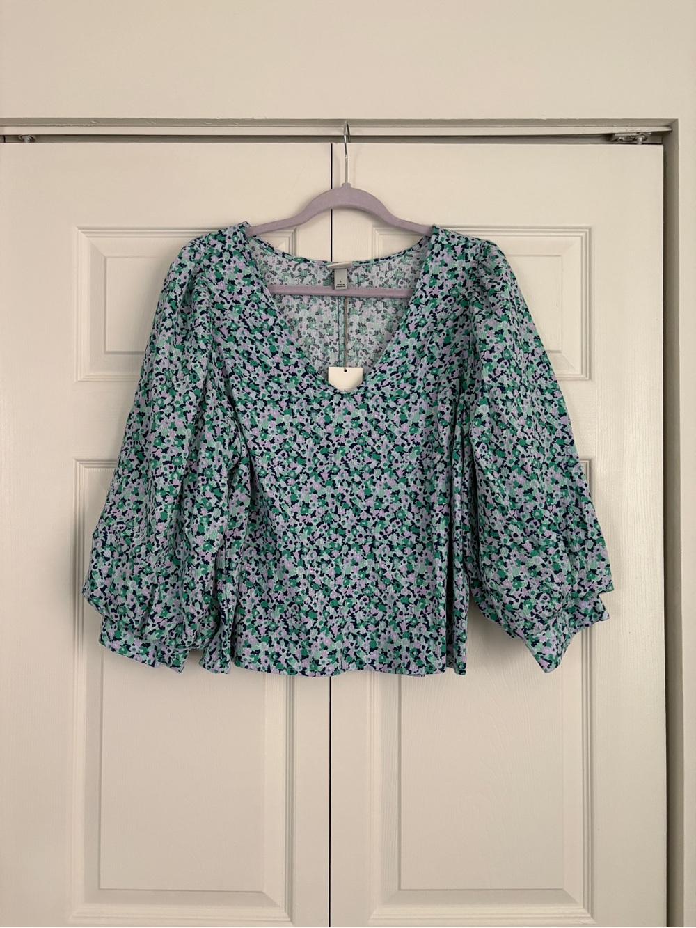 A New Day Floral Puff-Sleeve V-Neck Blouse - Green/Teal
